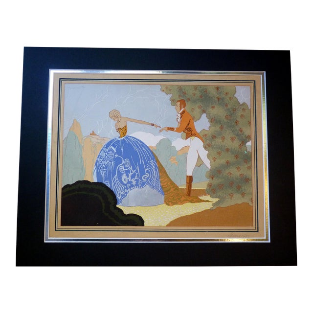 1920s Art Deco Garden Couple Pochoir by Mario Leone 16" X 20" Matted For Sale
