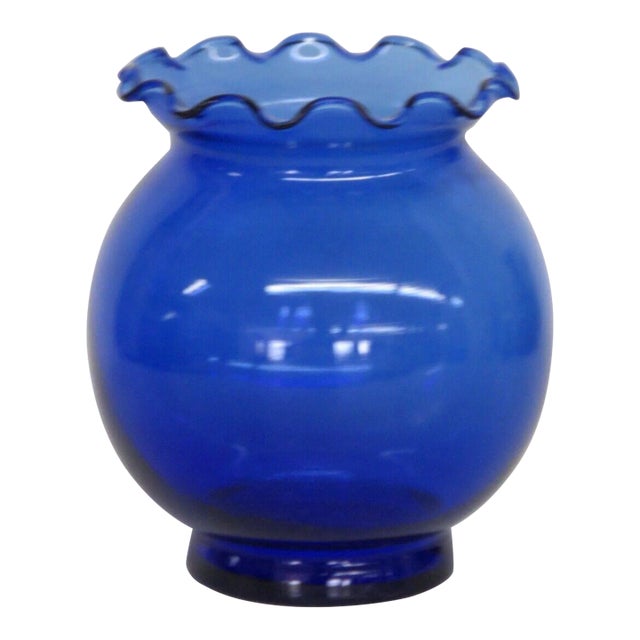 Mid Century Modern Glass Cobalt Blue Ruffle Rim Round Vase For Sale