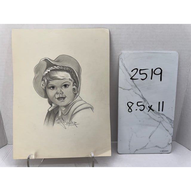 Paper 1940s Original Signed Graphite Illustration of Smiling Child in Bonnet, 11 × 8.5 In. For Sale - Image 7 of 7