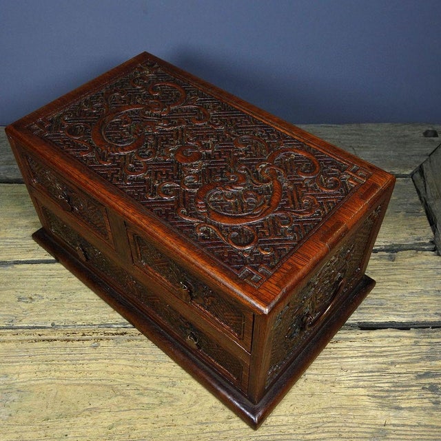 Vintage Huali Wood Tabletop Cabinet, Double Dragon Relief Motif For Sale In Los Angeles - Image 6 of 9