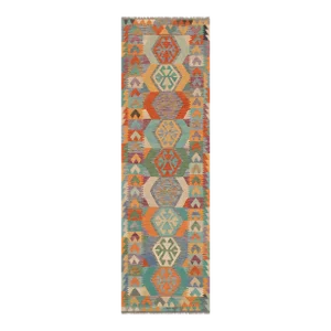Shabby Chic Kilim Blue Rust Hand Woven Rug - 2'9" X 10'3"