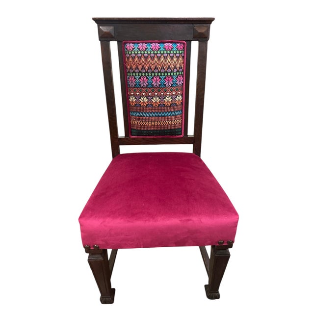 Mexican Early 20th Century Edwardian English Oak Dining Chairs With Vivid Mexican Embroidery Upholstery - Set of 6 For Sale - Image 3 of 7