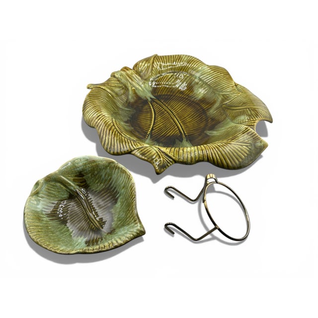 Vintage Mid-Century Maurice of California Green 3pc Leaf Crudite/Chip and Dip Bowl For Sale In Los Angeles - Image 6 of 9