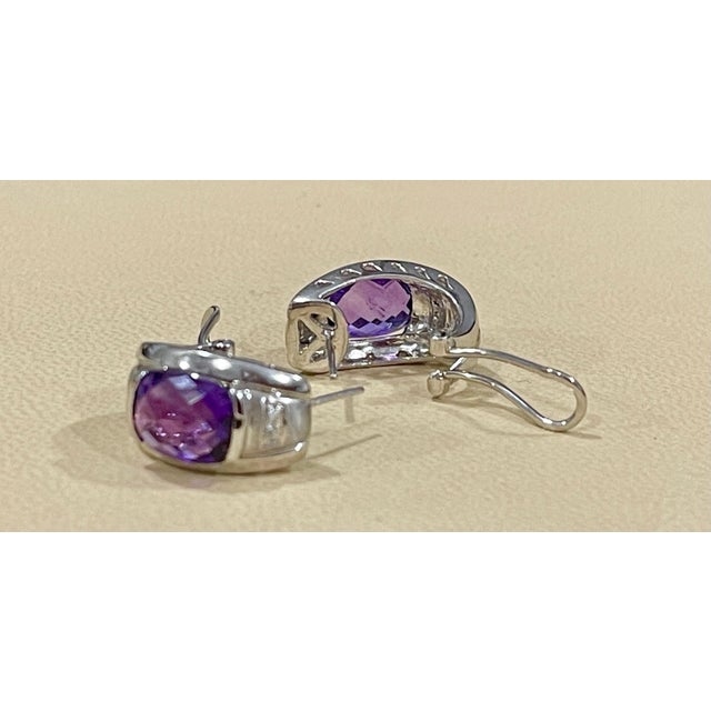Amethyst 6 Carat Amethyst and Diamond 14 Karat White Gold Earrings, Omega Back For Sale - Image 8 of 18