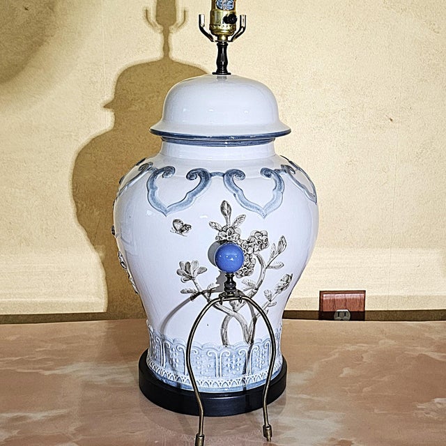 Late 20th Century Chinese Chinoiserie Porcelain Table Lamp With Relief Floral Motif & Black Shade, 30"h For Sale - Image 17 of 18