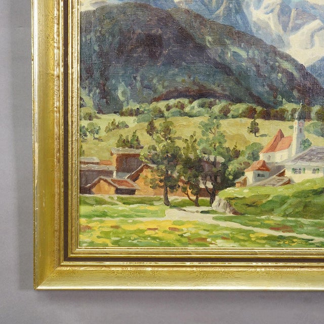 Farmhouse Alpine Landscape Oil Painting With Tyrolean Mountain Village For Sale - Image 3 of 8