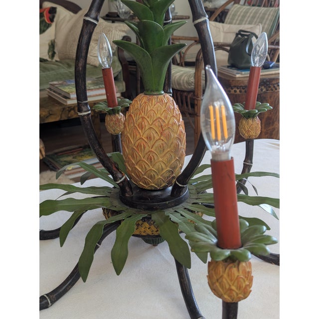 English Vintage British Colonial Pineapple & Faux Bamboo Chandelier — Artist-Repainted by Anne Yates Burst, Indies Landing, Winter Park Fl For Sale - Image 3 of 16