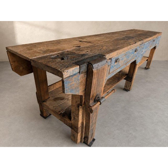 Antique 19th-Century Primitive Blue-Painted Carpenter's Workbench / Console Table For Sale In Naples, FL - Image 6 of 13