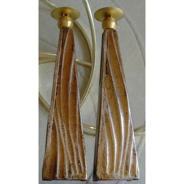 Wood Tall Faux Wood Metallic Candle Holders - Set of 3 For Sale - Image 7 of 13