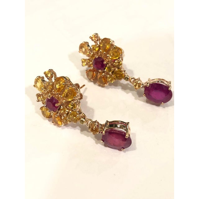 Gemstone Bochic "Orient" Ruby, Yellow Sapphire Earrings Set 18K Gold & Silver For Sale - Image 7 of 18