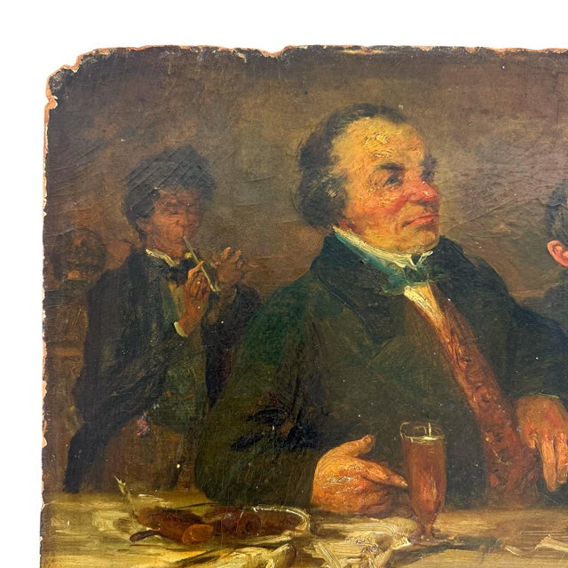 This antique café motto painting depicts a lively tavern scene accompanied by the humorous German proverb "Die Rose blüht,...