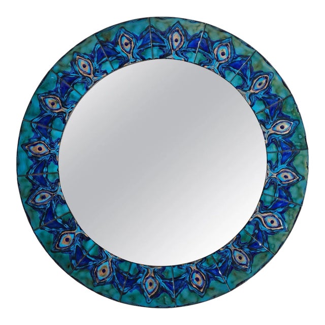 1/5 Blue Hand-Painted Enamel Mirror by Bodil Eje, Denmark 1960s For Sale
