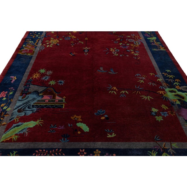 8 X 10 Antique Handmade Chinese Art Deco Wool Rug in Red With Traditional Design For Sale - Image 4 of 12