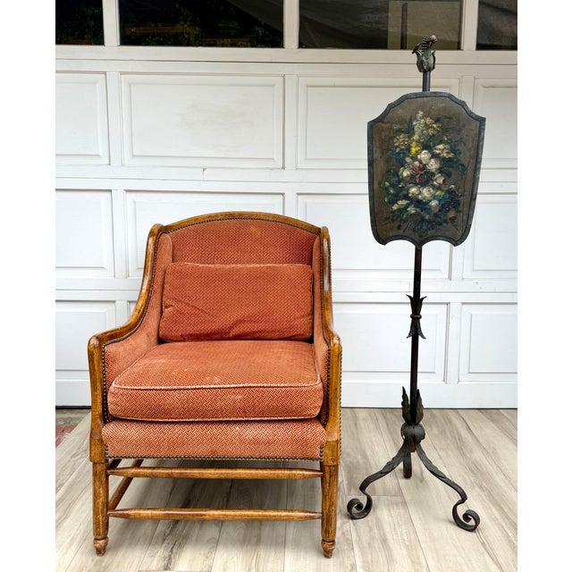 Late 19th Century Antique Hand-Painted Floral Tôle Shield Fireplace Screen on Wrought Iron Stand For Sale - Image 5 of 12