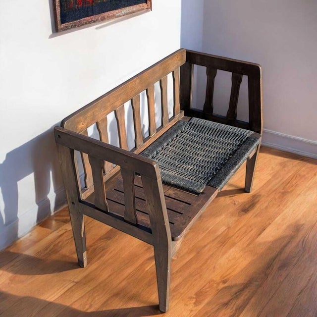 Mid-Century Wood Bench With Black Woven Strap Seat For Sale - Image 4 of 15