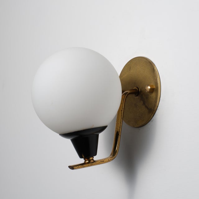 Mid-Century Modern Vintage Italian Wall Sconces in Brass and Opaline Glass, 1950s, Set of 2 For Sale - Image 3 of 12