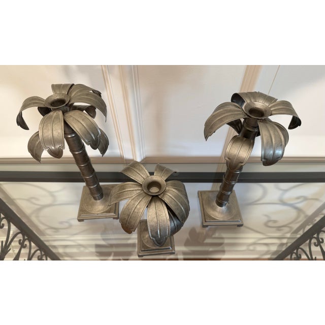 Consider this Regency style trio of palm tree candlesticks for your next table scape! The set consists of galvanized...