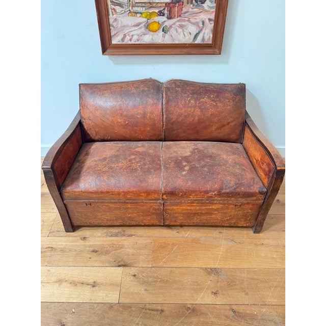 French Leather Mustache Back Sofa Bed, 1930s For Sale - Image 5 of 9