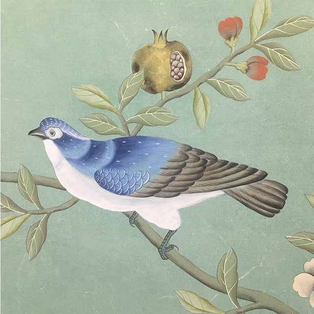 Chinoiserie Hand Painted Soft Mint Chinoiserie Peacock Pomegranate Floral Mural 2-Panel Set For Sale - Image 3 of 6
