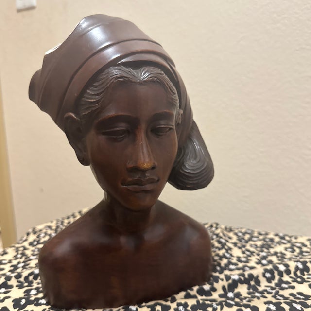 Vintage Art Deco Balinese Woman Bust – Hand-Carved Mahogany Wood Sculpture For Sale - Image 11 of 11