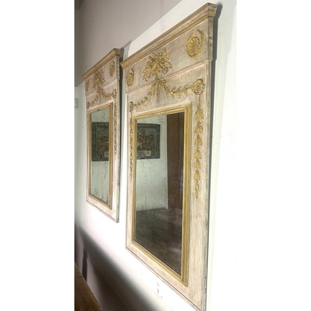 Pair of Carved Wood Painted Trumeau Mirror C. 1930 For Sale - Image 10 of 12