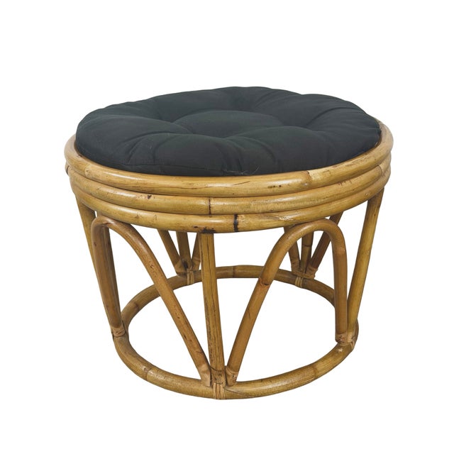 Pair of 1970s Vintage Rattan and Bamboo Round Ottoman Footstools For Sale - Image 16 of 18