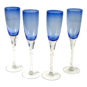 Hand Blown, Cobalt Blue, Twisted Stem, Champagne, Flutes – Set of Four