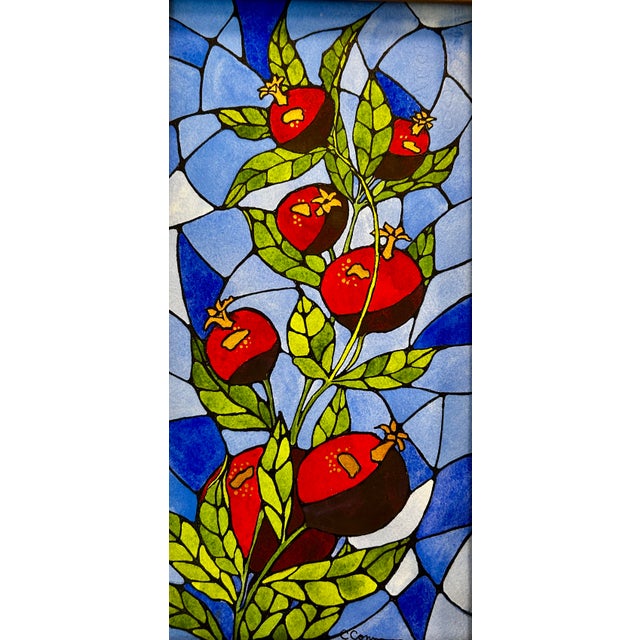 Wood Framed Original Watercolor Religious Painting “Stained Glass Pomegranates” For Sale - Image 7 of 12