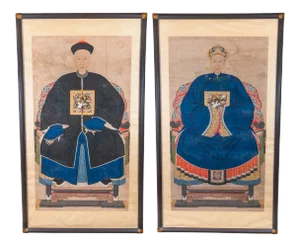 19th Century Ming Dynasty Chinese Ancestral Paintings, Framed - a Pair