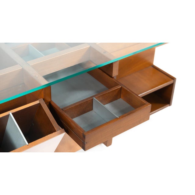 Mid-Century Modern Coffee Table with Compartments, Wood and Glass, Italy, 1970s