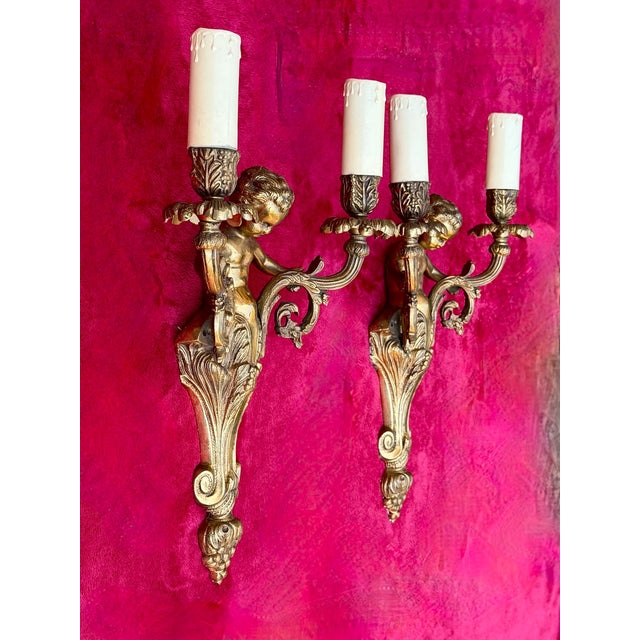 French Louis XV Style Gilt Bronze Cherub Wall Sconces, 1930, Set of 2 For Sale - Image 13 of 18