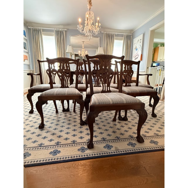 Set of 8 Antique Chippendale Chairs With Fortuny Upholstery For Sale - Image 15 of 16