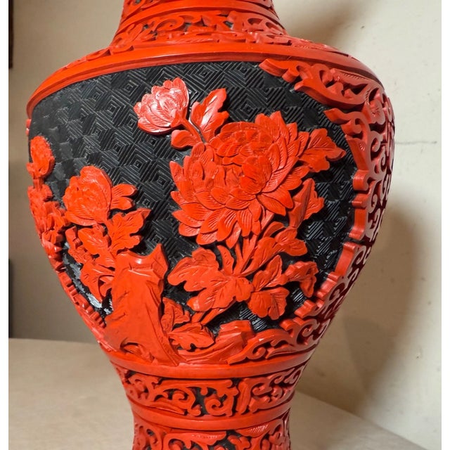 Metal Tall Vintage Handmade Chinese Carved Black Red Lacquer Cinnabar Floral Vase Urn For Sale - Image 7 of 13