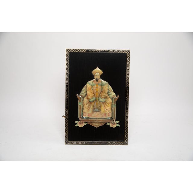 Set of 2 large hand-painted wooden wall panels depicting the emperor and empress of the Qing dynasty. The hand-carved jade...