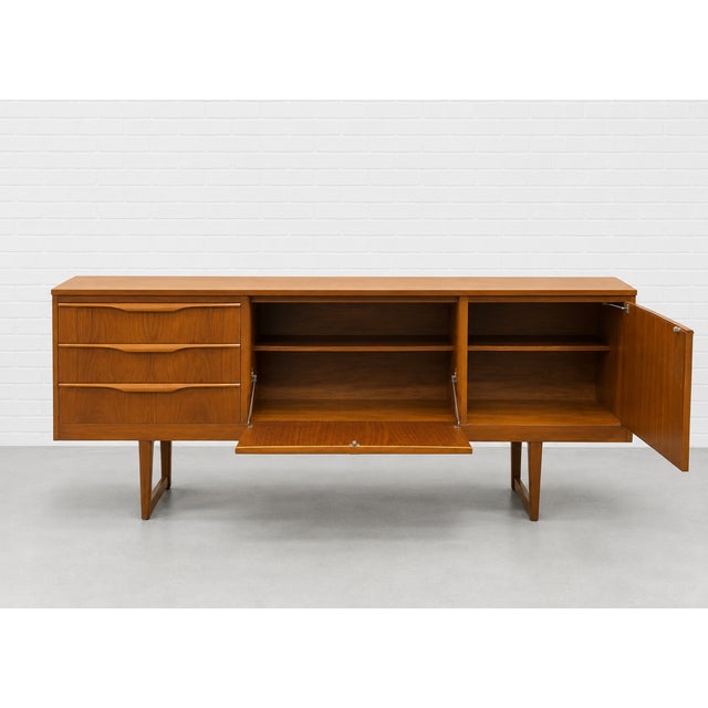 Mid-Century Modern Mid Century Modern Teak Sled Leg Credenza | Scandinavian Sideboard | Danish Modern Buffet Cabinet, Made in England, C. 1960’s For Sale - Image 3 of 12