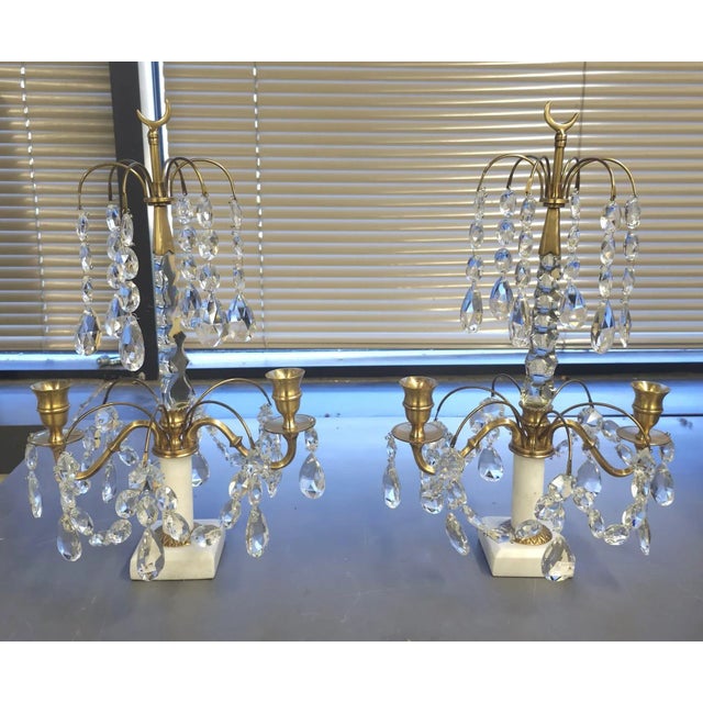 Modern Pair of Crystal and Brass Two Light Candle Table Sconces on Marble Plinth For Sale - Image 3 of 10