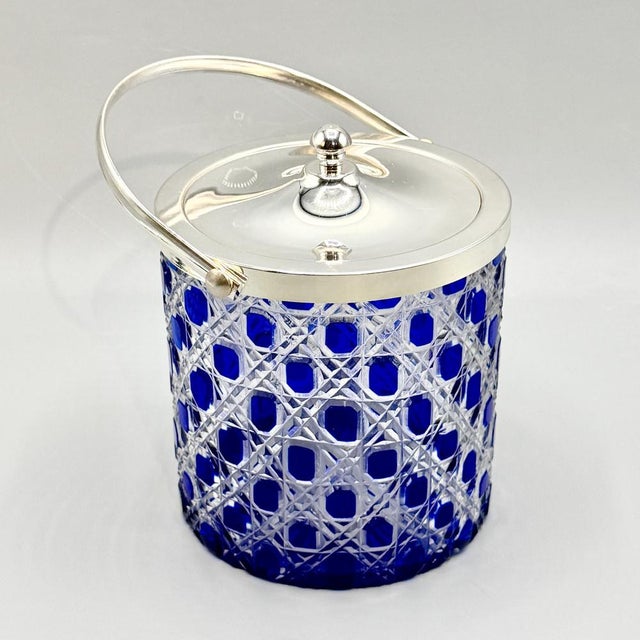 Mid-Century Modern Cobalt Blue Overlay Cut Crystal Biscuit Barrel with Silver-Plated Mount, 1950s For Sale - Image 4 of 18