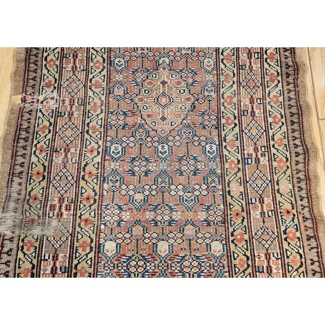 Antique Persian Serab Camel Hair Runner Rug, Hand-Knotted Wool, Allover Geometric Pattern, Red & Green, 3x12 For Sale - Image 4 of 18