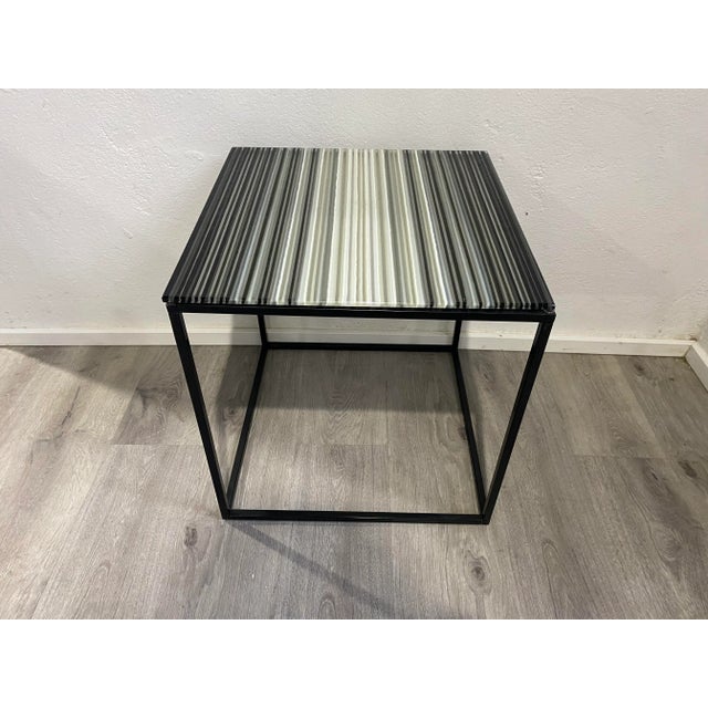 Modern Glass Topped Table Striped Black,White, and Gray on Open Steel Base, Attributed to Modjulez For Sale - Image 9 of 11