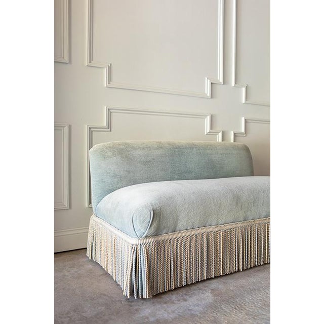 French Vintage Hollywood Regency Velvet Settee, Armless Slipper Sofa With Bullion Fringe For Sale - Image 3 of 14