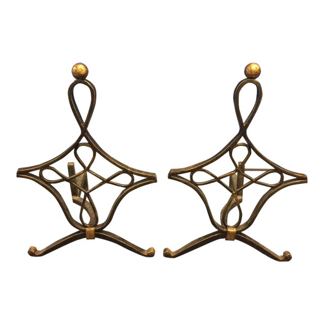 1940's Wrought Iron and Brass French Andirons - Pair For Sale