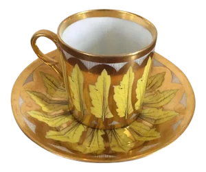 Early 19th Century French Empire Porcelain Neoclassical Coffee Can Tea Cup & Saucer, Yellow Leaves with Gold - A Pair