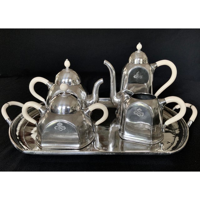 Mid-Century Modern 1950s Ocean Liner Silver Plated Pewter Tea Service Maritime Tea Set Cosulich Line Cosi Tabellini Italy - Set of 5 For Sale - Image 3 of 11