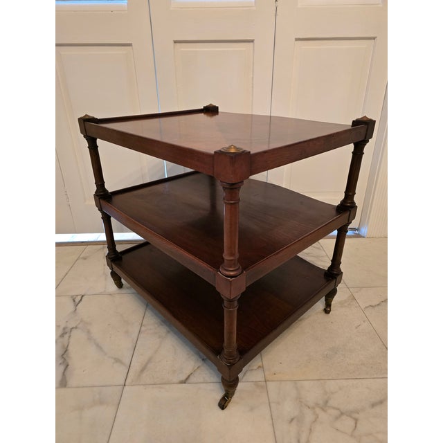 Chestnut Vintage Ethan Allen Style Mid Century Three Tier Table For Sale - Image 8 of 8