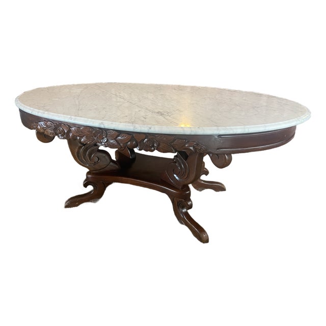 1940s Kimball Victorian Lyre Harp Marble Coffee Table For Sale