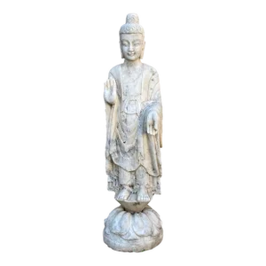 Chinese White Gray Marble Stone Standing Abhaya Mudra Buddha Statue