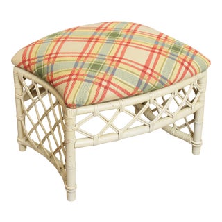 Ficks Reed Vintage White Painted Rattan Base Ottoman For Sale