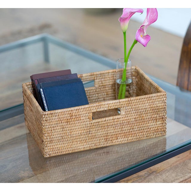 2020s Artifacts Rattan Rectangular Shelf Basket with Side Handles in Honey Brown - 16" For Sale - Image 5 of 8