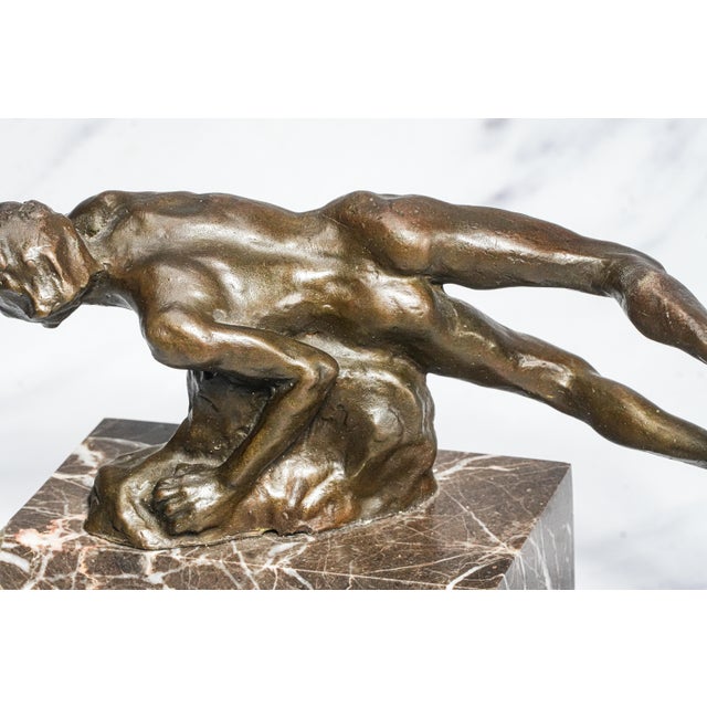 Vintage Art Nouveau Style Suspended Male Man Bronze Marble Statue Sculpture For Sale - Image 11 of 14