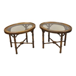 Mid 20th Century Vintage Faux Bamboo Chinese Chippendale Style Oval Small Glass Top Side Table - Pair For Sale